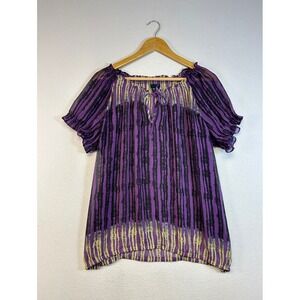 Boho Whimsigoth Gap Women XL Purple Black Stripe Sheer Ruffle Peasant Blouse
